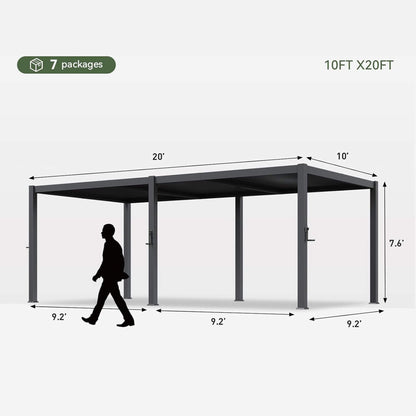 Modern Gray Outdoor Metal Pergola with Louvered Roof & Integrated Drainage System