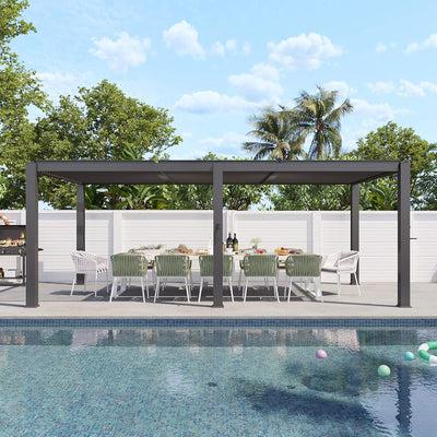 Modern Gray Outdoor Metal Pergola with Louvered Roof & Integrated Drainage System