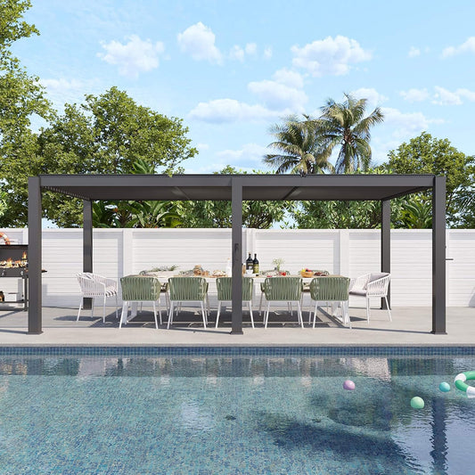 Modern Gray Outdoor Metal Pergola with Louvered Roof & Integrated Drainage System