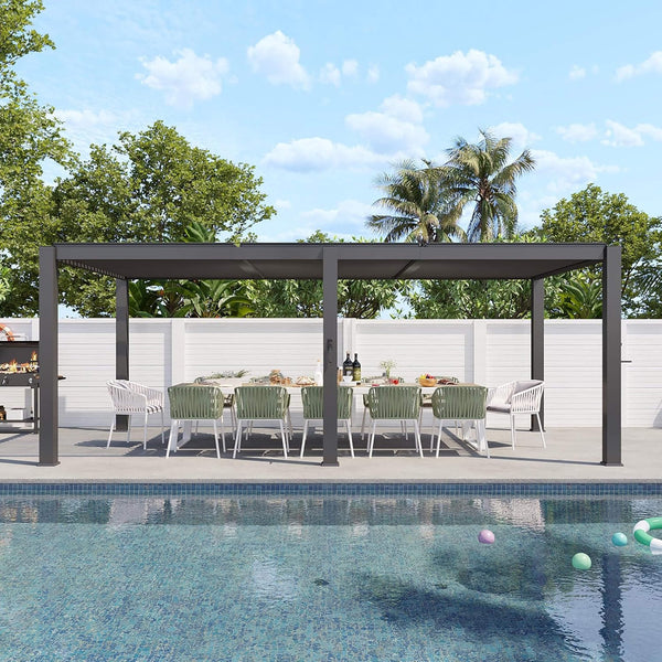 Modern Gray Outdoor Metal Pergola with Louvered Roof & Integrated Drainage System