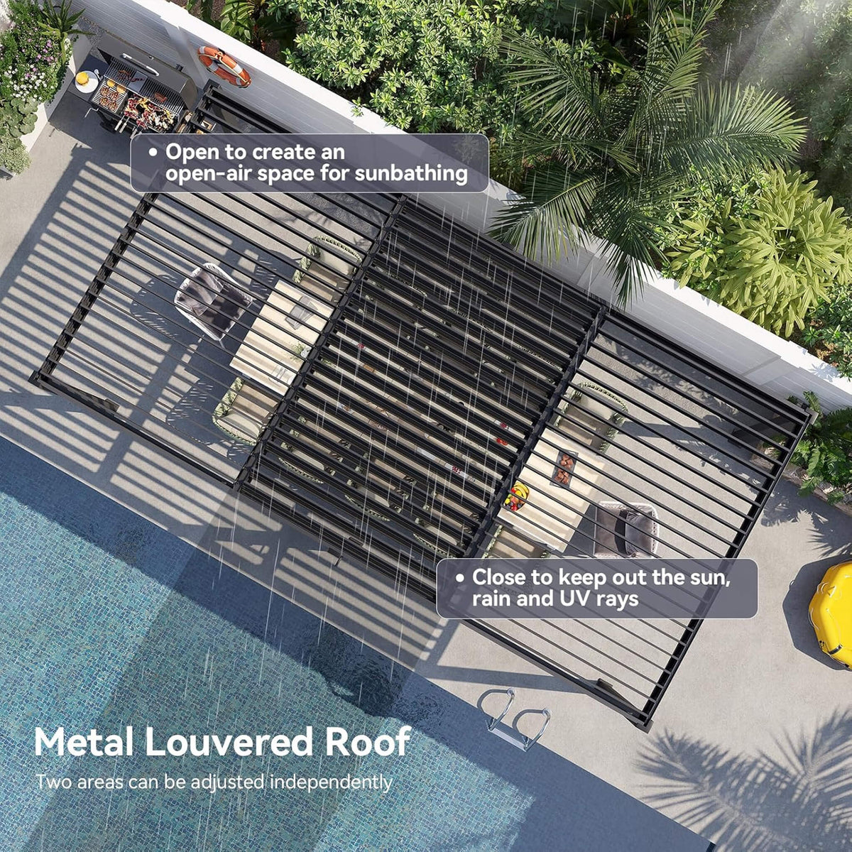 Modern Gray Outdoor Metal Pergola with Louvered Roof & Integrated Drainage System