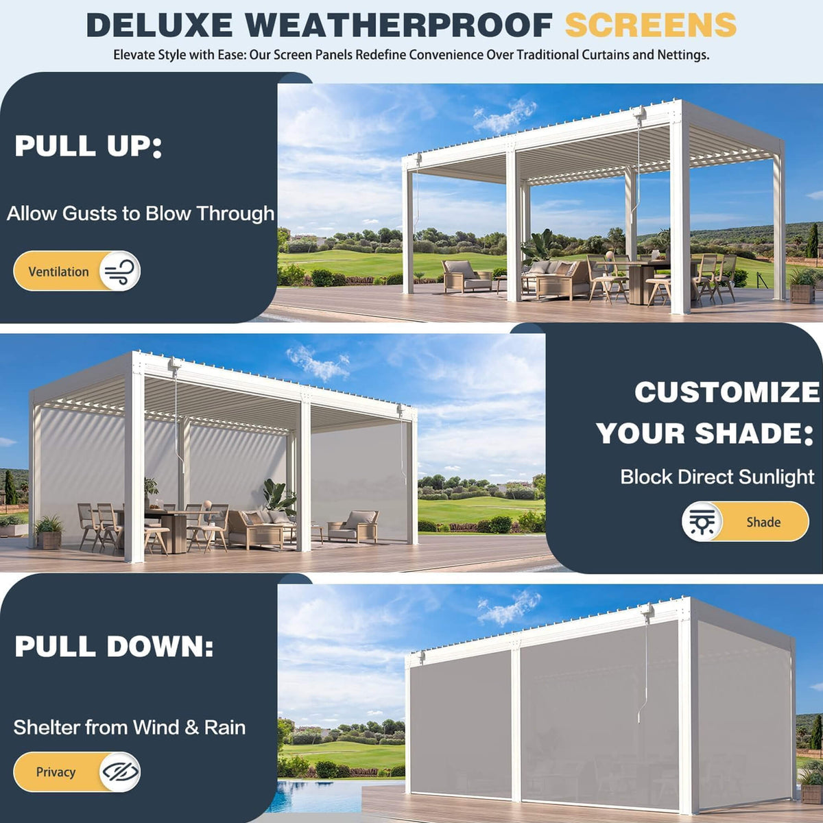 Louvered Aluminum Pergola with Adjustable Roof and Pull-Down Screens