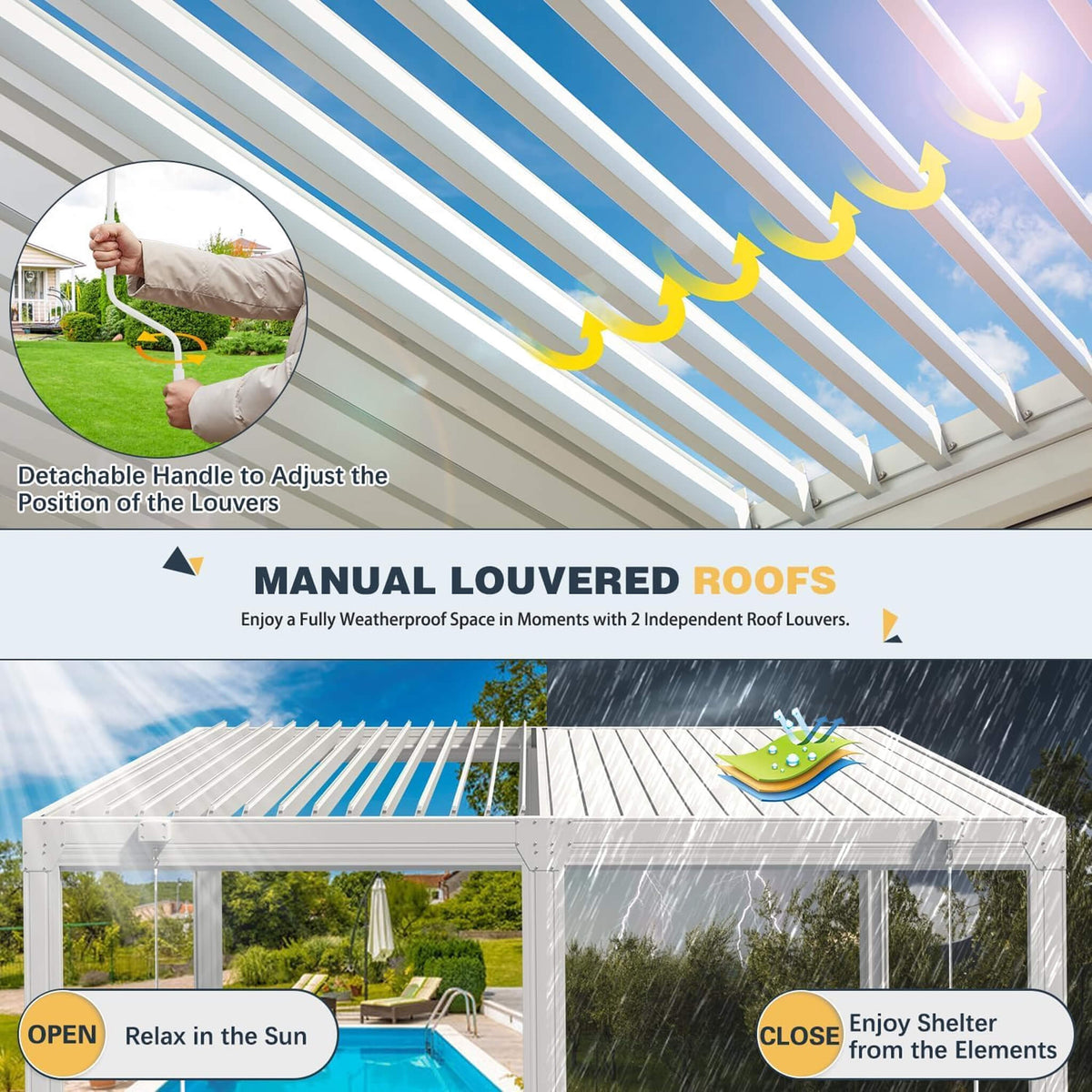 Louvered Aluminum Pergola with Adjustable Roof and Pull-Down Screens
